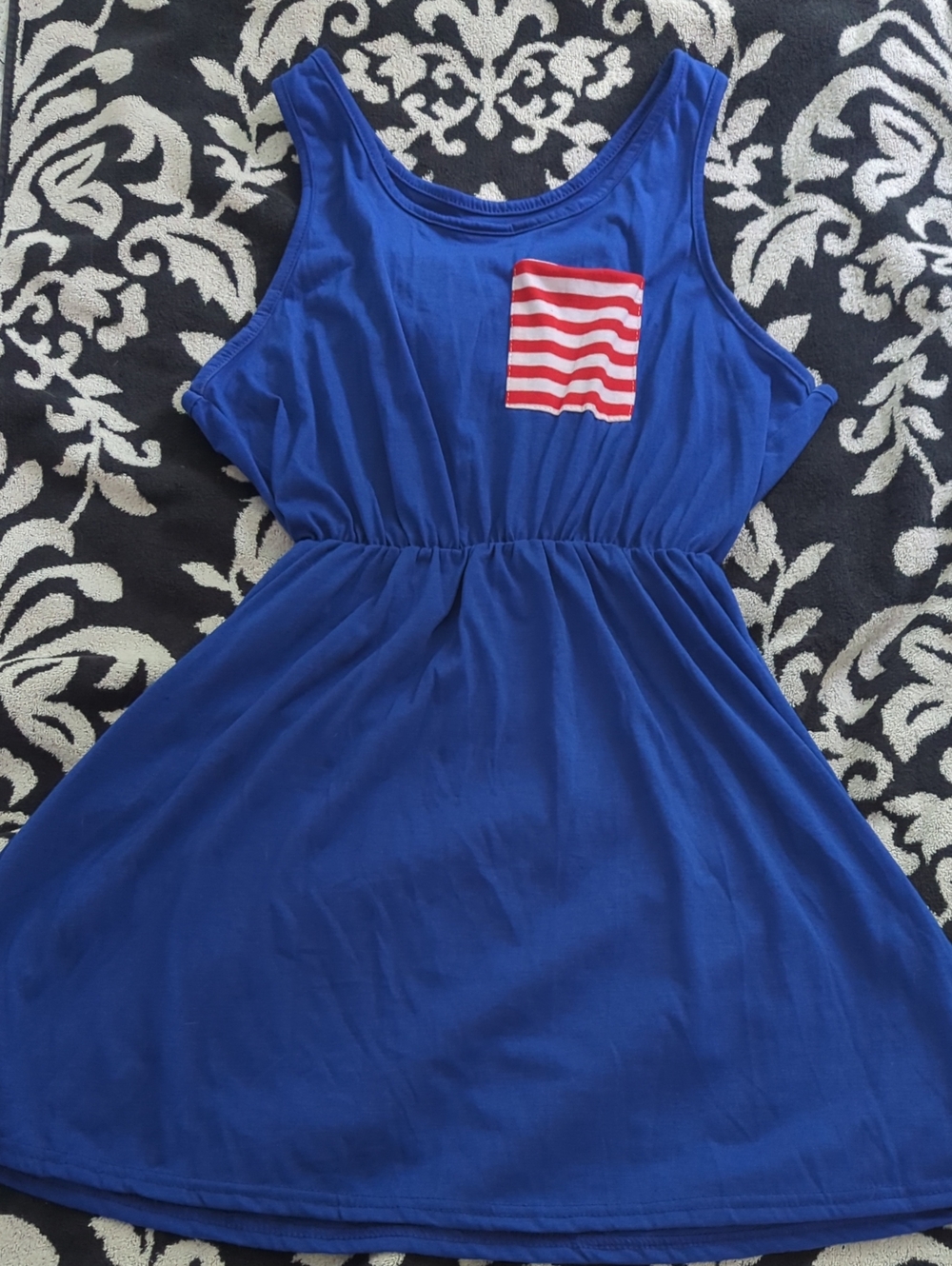 Red White Blue Sleeveless Dress with Striped Pocket & Back Bow S Ameriboo Dress